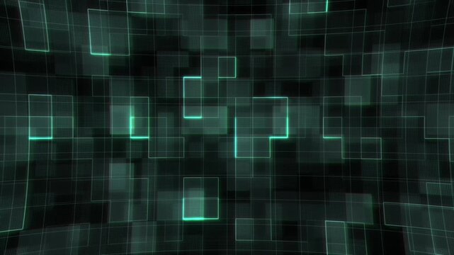 Futuristic Teal Digital Squares Motion Background with Layered Transparent Boxes Cyber Grid Depth Effect and High Tech Abstract Animation Seamless Loop Design