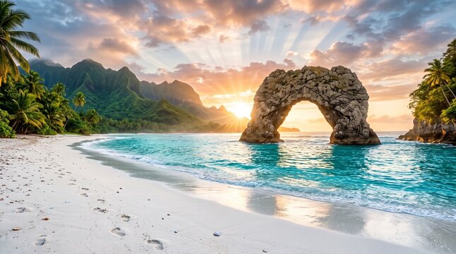 Sandy beach with calm turquoise waters, lush green mountains at sunrise under a clear blue sky.