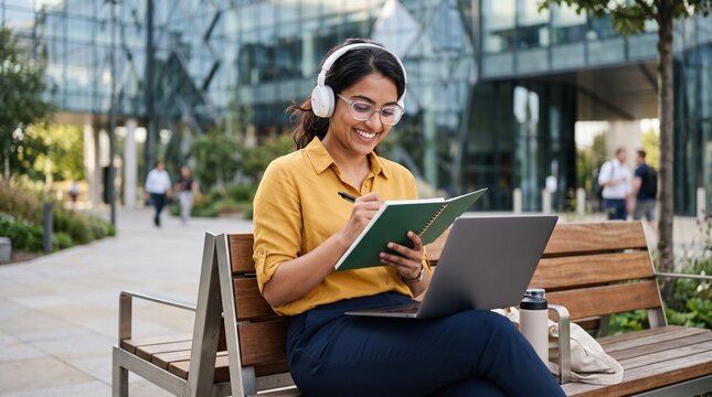 Young female student smiling on a campus bench, wearing headphones, typing on a laptop and jotting notes in a notebook while studying outdoors with a focused, confident demeanor