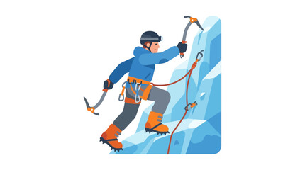 Fototapeta premium Man ice climbing frozen waterfall with ice axes and gear, winter sport adventure