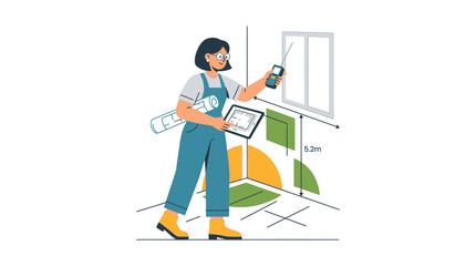 Fototapeta premium Woman architect measuring room with tablet and phone, planning renovation