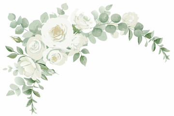Watercolor white rose and eucalyptus corner arrangement with a white background © Ankan