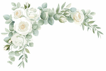 Watercolor white rose corner arrangement with eucalyptus leaves on a white background © Ankan