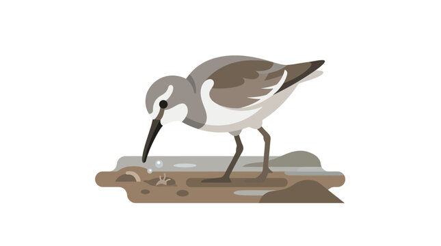 Sandpiper Foraging for Food on Muddy Shoreline, Flat Illustration