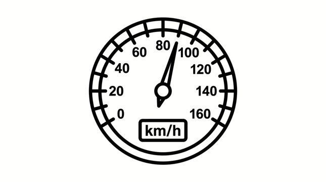 Monochrome Speedometer Icon Showing 80 km/h with Clear Markings on Isolated White Background