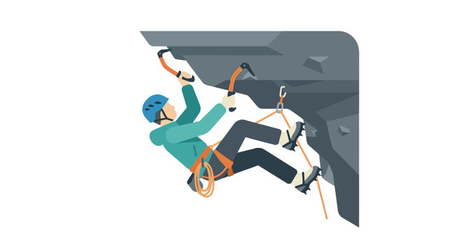 Man ice climbing a steep rock face with equipment, adventure sport illustration
