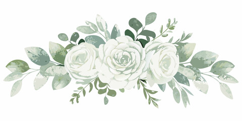 White roses and eucalyptus leaves a watercolor floral arrangement on a white background © Ankan