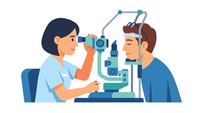 Optometrist examining patient's eye with slit lamp, vision check, eye care concept