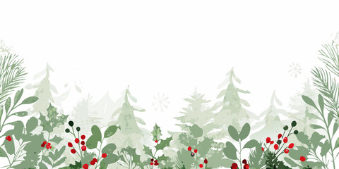 Evergreen forest and holly berry watercolor pattern on a white background © Ankan