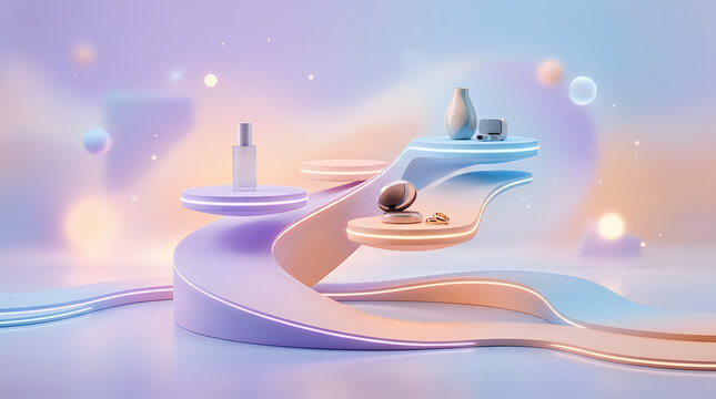 Abstract pastel product display podiums with glowing lines isolated on transparent background