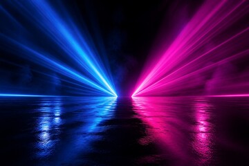 Fototapeta premium Vibrant beams of blue and pink light pierce the dark night. Rain-slicked ground reflects the dazzling rays with clarity. The scene pulses with energy, evoking awe and wonder. Ideal for club, festival