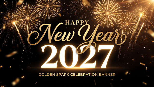 Golden Spark Celebration Banner
Happy New Year 2027 digital banner, golden fireworks bursting across a black night sky, shimmering particles, stylish calligraphy lettering, bright white year numbers, 