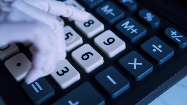 Cinematic close up of humanoid robot hand pressing buttons on office calculator. AI automated accounting metaphor, financial computing, bright modern workspace, shallow DOF.