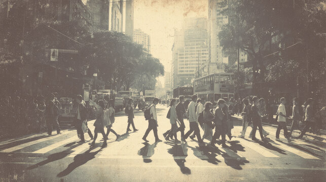 Busy City People Crossing Zebra Crossing in Urban Street, Vintage Film Style and Street Photography