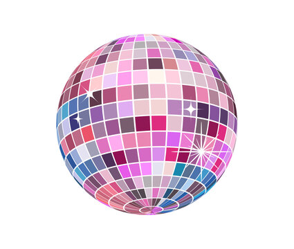 Shiny disco ball with pink, blue and and purple mirror mosaic tiles and sparkling reflections. Retro nightclub and dance party vector illustration.