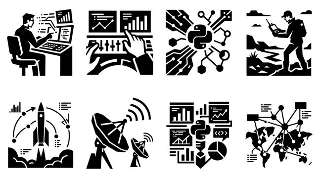 Digital Technology and Data Analysis Icons: AI, Rocket, Satellite, World Map