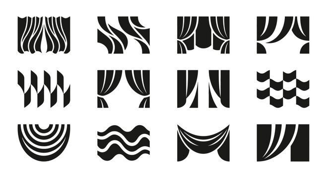 Collection of Abstract Curtain Icons and Symbols, Various Designs, Black and White