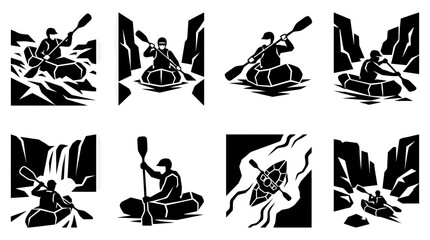 Rafting Kayaking Icons: Adventure Sports, Extreme Water Activities, Outdoor Recreation Symbols © rexus