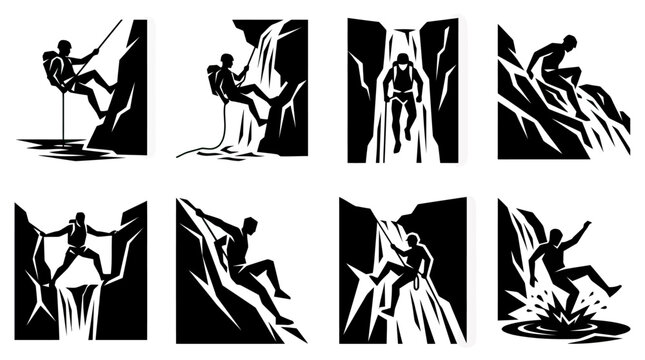 Canyoning and Rappelling Silhouettes: Adventure Sports Icons Collection