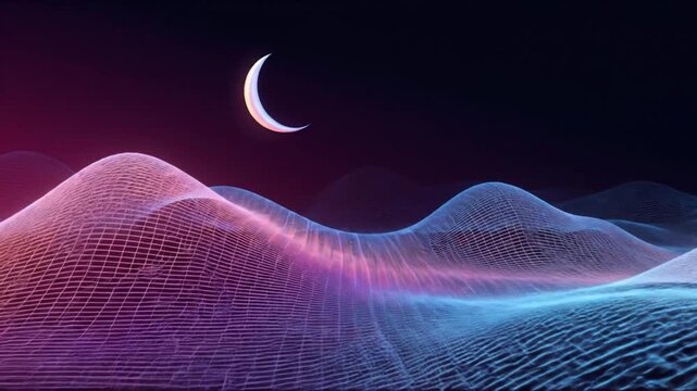 A digital landscape under a crescent moon, with wireframe hills bathed in gradient colors
