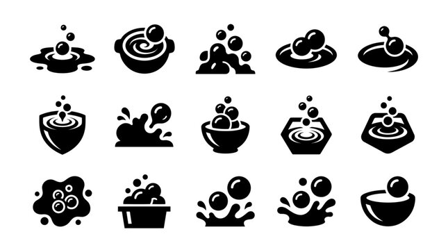 Water Bubbles Icons Set: Splashes, Soaps, Liquid Droplets, and Puddles