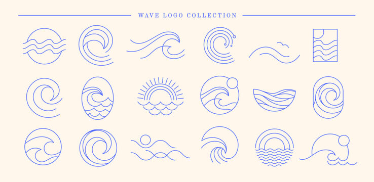 Minimalist abstract blue sea, ocean and wave line art logos collection. Minimal linear marine and coastal icons and emblems set
