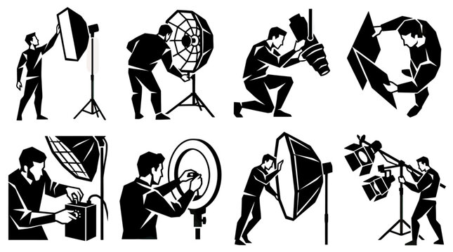 Photographer Setting Up Studio Lighting Equipment, Silhouette Art