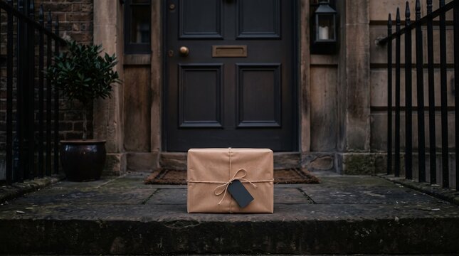 Brown paper wrapped package with black tag tied with twine on stone steps in front of dark door