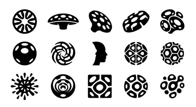 Collection of abstract black graphic icons and symbols on white background