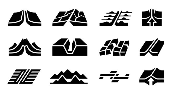 Geological Formations Icons: Mountains, Faults, Volcanoes, Tectonic Plates, Earthquakes