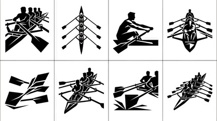 Rowing Team Silhouette Set: Athletes Competing in Synchronized Water Sport © rexus