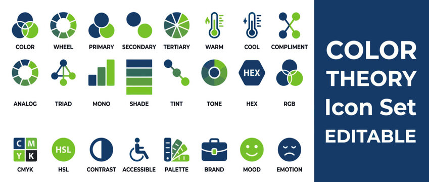 Color theory icons on white background.