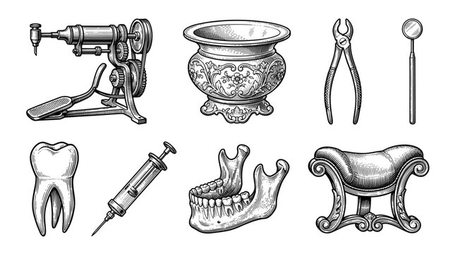 Set of Vintage Dental Tools and Anatomical Illustrations in Retro Engraving Style