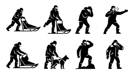 Arctic explorer icons: dog sledding, pulling sled, navigating, calling out, looking © rexus