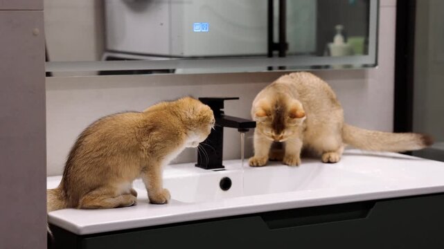 Playful Scottish Fold golden chinchilla kitten and British Shorthair cat reaching toward sink tap with fascination and natural curiosity indoors, 4k