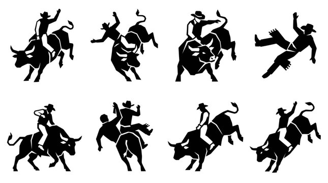 Bull Riding Silhouettes: Rodeo Action, Cowboy Falls, Dynamic Poses