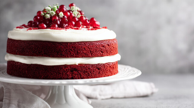 Festive Red Velvet Cake on White Cake Stand with Cream Cheese Frosting, Elegant Holiday Dessert Photography