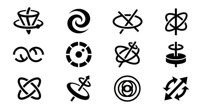 Abstract Motion and Rotation Icons: Spin, Gyroscope, Orbit, Vortex, DNA, Atom