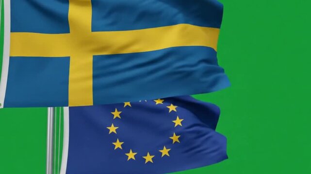 Flags of sweden and the european union waving together against a green screen background
