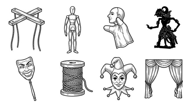 Vintage hand-drawn theater and puppetry icons set including marionette, masks, curtains, and puppets in vector engraving style
