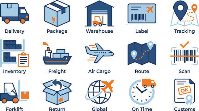 Flat design logistics and delivery icons set with warehouse transport and tracking elements