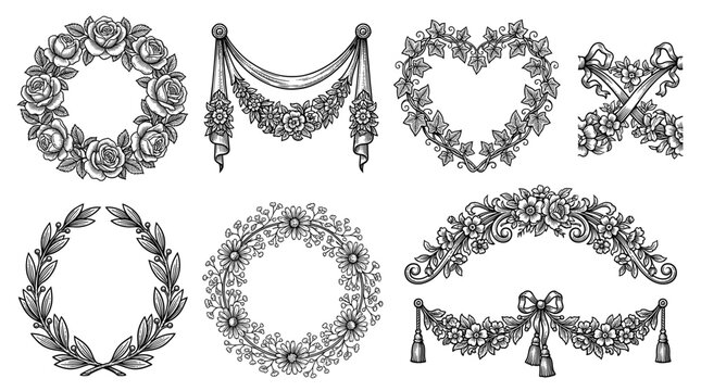 Vintage Hand-Drawn Floral Wreaths and Decorative Swag Collection, Engraving Style Botanical Frames, Roses, Laurel, Ivy, and Daisy Garlands for Wedding and Greeting Card Design