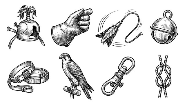 Vintage Falconry Equipment Collection Vector Illustration Set Featuring Hunting Hawk Glove Hood Bell Lure and Perched Falcon in Woodcut Engraving Style