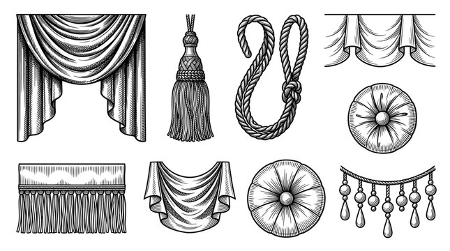 Vintage hand drawn interior textile decor elements set with curtains, tassels, ropes, pillows and fringe in engraving style