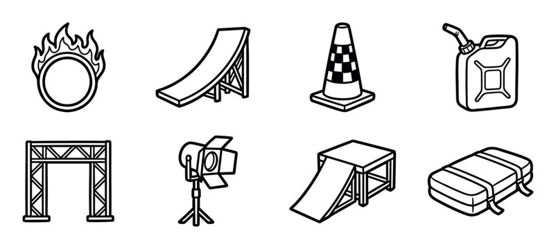 Black and white line art icon set of stunt show equipment including a flaming hoop, ramp, checkered cone, jerrycan, truss arch, spotlight, and crash mat