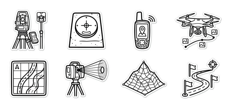 Set of geodetic survey equipment icons in a hand-drawn doodle style, featuring a total station, drone, GPS, and mapping tools for cartography and land measurement