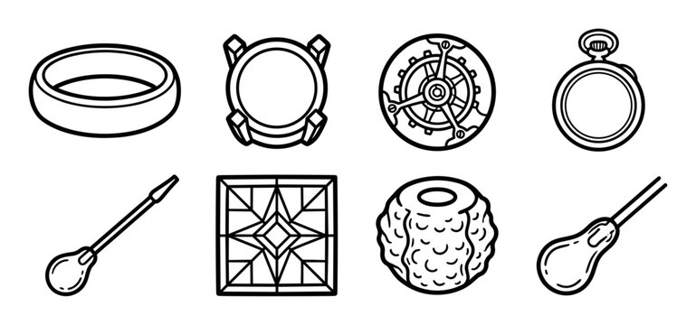 Collection of watchmaking and jewelry tool icons in a clean black outline style, featuring a pocket watch, mechanical movement, ring, case, oiler, and dust blower
