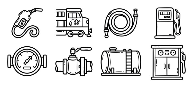 Collection of black outline fuel and transportation icons featuring a gas pump, locomotive, storage tank, pressure gauge, and pipeline valve in a simple doodle sketch style