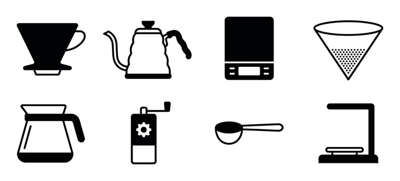 Set of black coffee making icons for pour-over brewing, including a dripper, gooseneck kettle, scale, filter, grinder, and server in a minimalist flat vector illustration style
