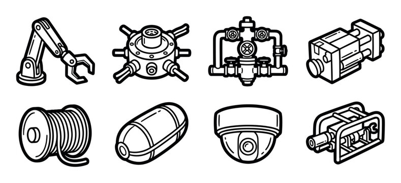 Set of industrial equipment icons featuring a robotic arm, security camera, pipes, and machinery in a bold black and white line art style for technology and manufacturing concepts